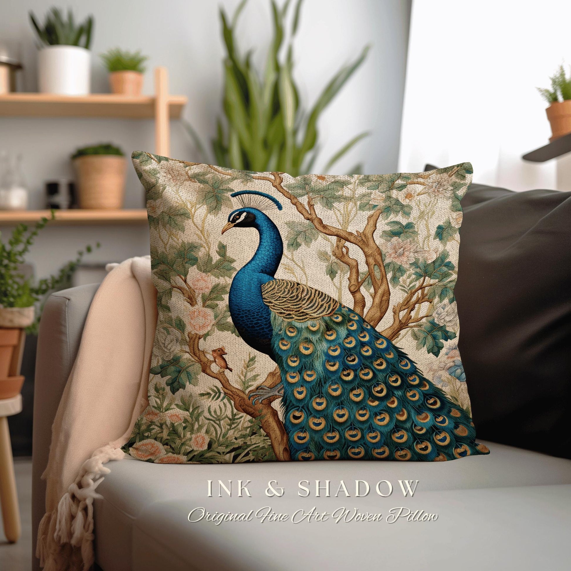 Peacock Throw Pillow Boho William Morris Inspired Decor Forestcore Room Design Maximalist Tapestry Cushion Botanical Fairy Grunge Aesthetic