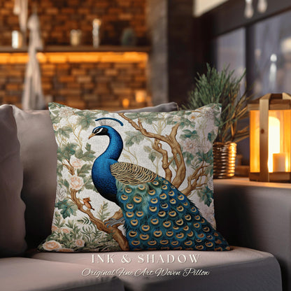 Peacock Throw Pillow Boho William Morris Inspired Decor Forestcore Room Design Maximalist Tapestry Cushion Botanical Fairy Grunge Aesthetic