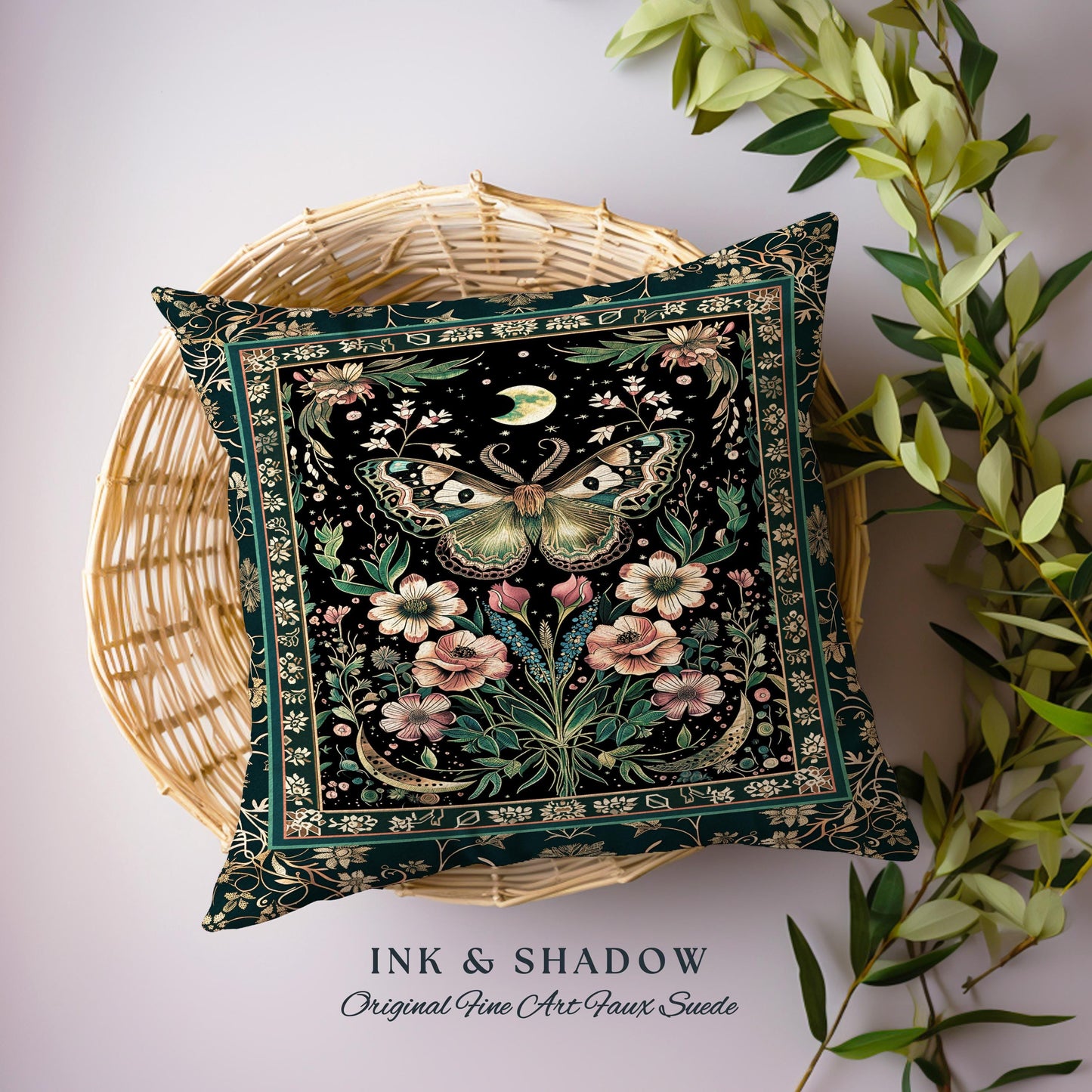 Ethereal Moth Tapestry Pillow Witchy Aesthetic Room Decor, Gothic Whimsical Occult Whimsigoth Wildflower Butterfly Fairycore Woven Cushion