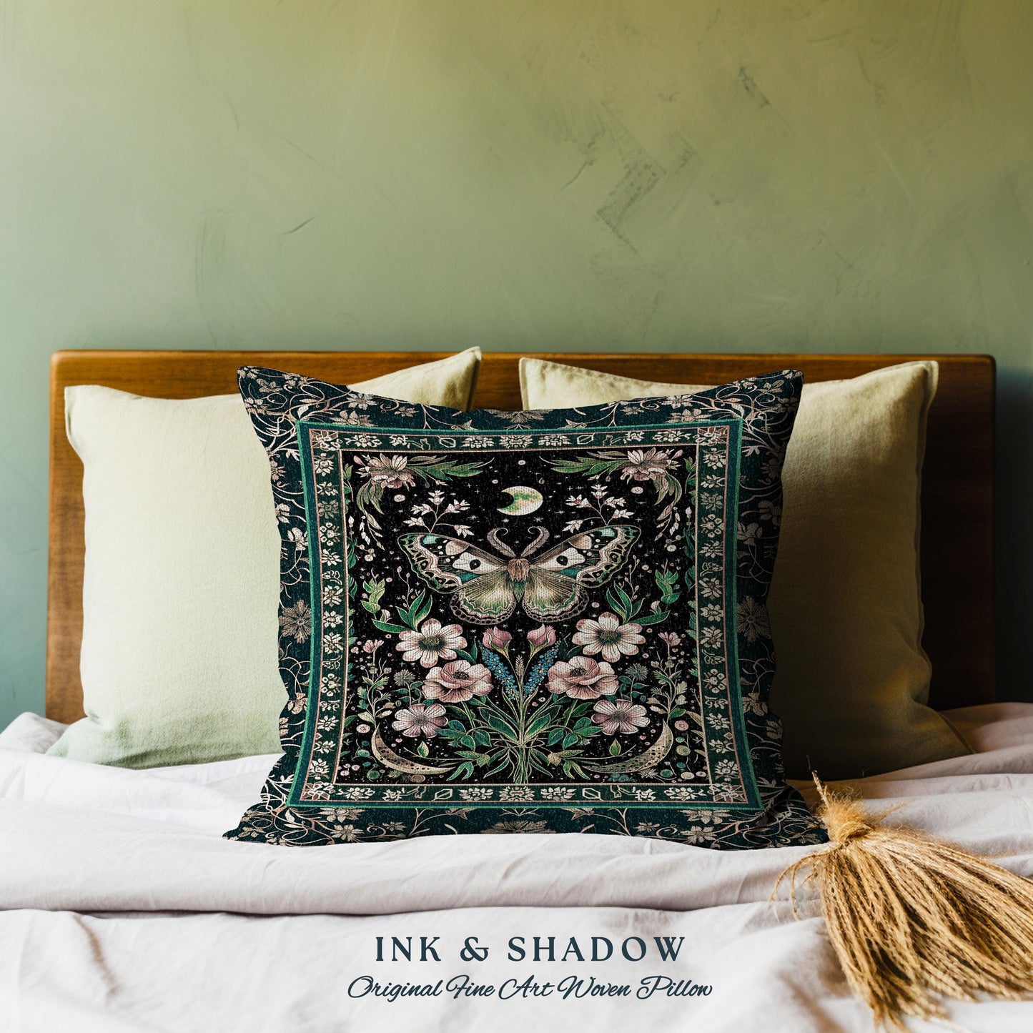 Ethereal Moth Tapestry Pillow Witchy Aesthetic Room Decor, Gothic Whimsical Occult Whimsigoth Wildflower Butterfly Fairycore Woven Cushion