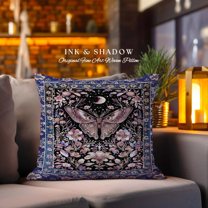 Witchy Botanical Moth Pillow Whimsigothic Purple Floral Fairycore Aesthetic | Gothic Cottagecore Butterfly Celestial Whimsy Tapestry Cushion