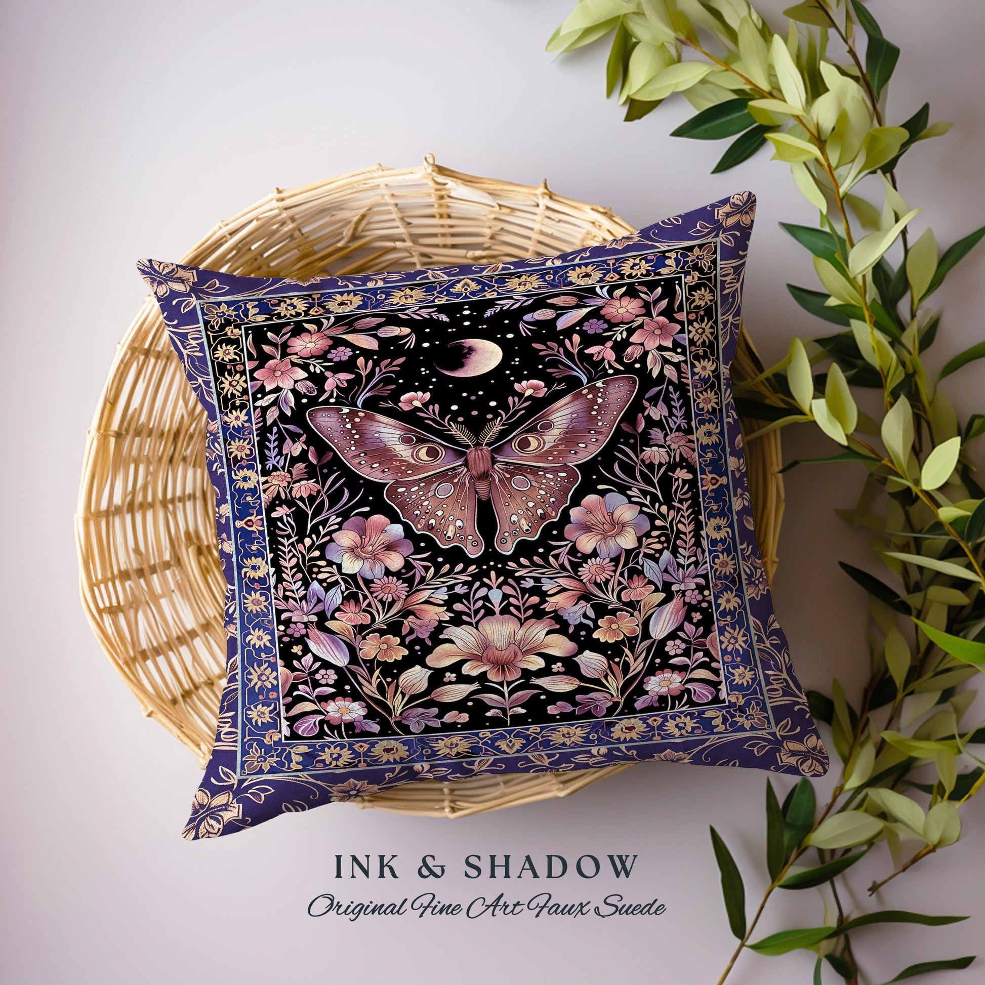 Witchy Botanical Moth Pillow Whimsigothic Purple Floral Fairycore Aesthetic | Gothic Cottagecore Butterfly Celestial Whimsy Tapestry Cushion