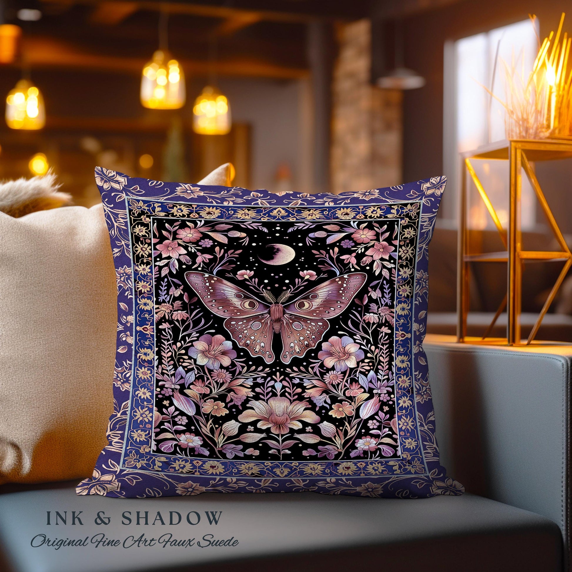 Witchy Botanical Moth Pillow Whimsigothic Purple Floral Fairycore Aesthetic | Gothic Cottagecore Butterfly Celestial Whimsy Tapestry Cushion