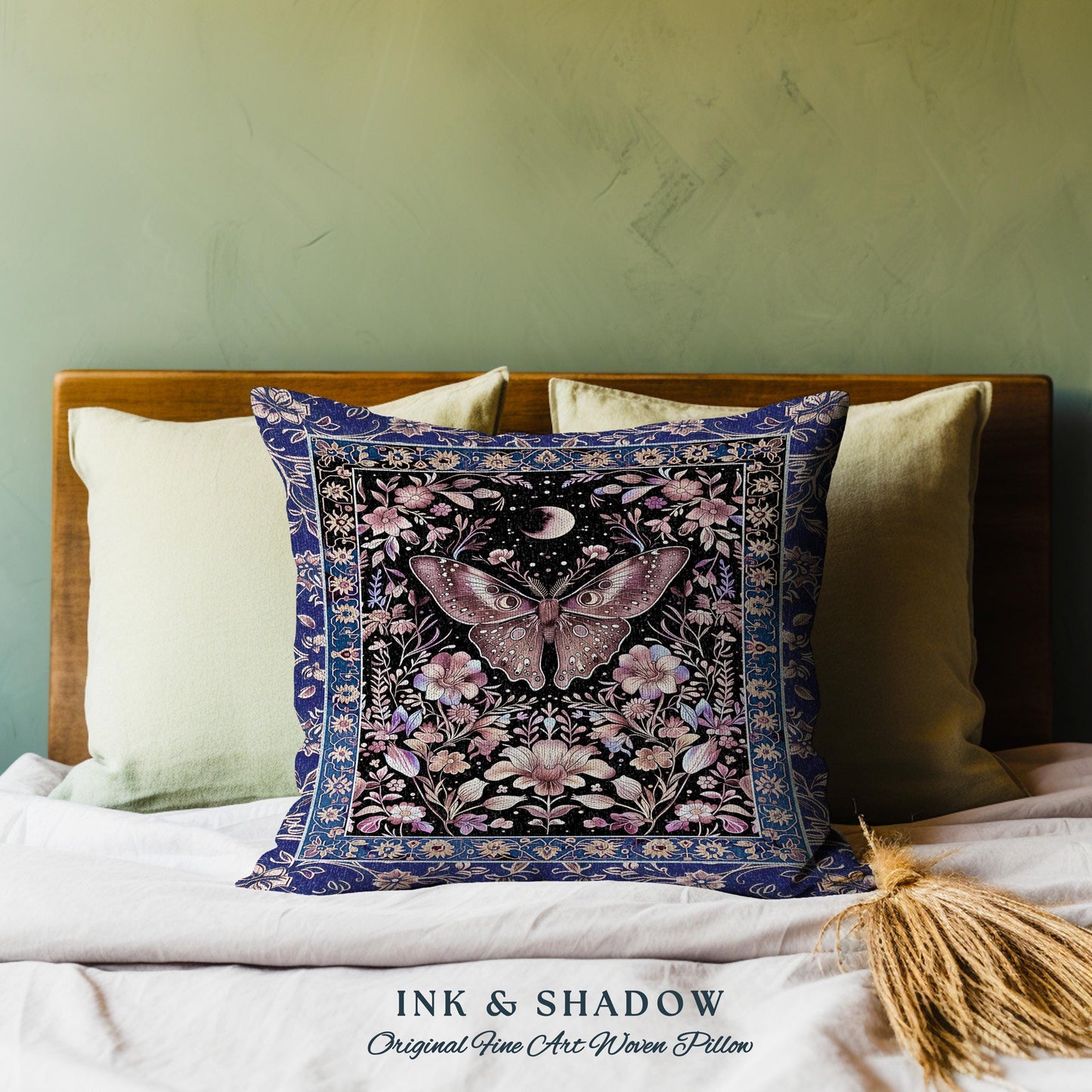 Witchy Botanical Moth Pillow Whimsigothic Purple Floral Fairycore Aesthetic | Gothic Cottagecore Butterfly Celestial Whimsy Tapestry Cushion