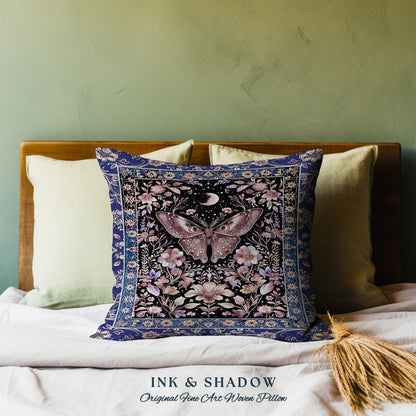 Witchy Botanical Moth Pillow Whimsigothic Purple Floral Fairycore Aesthetic | Gothic Cottagecore Butterfly Celestial Whimsy Tapestry Cushion