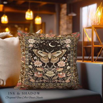 Rustic Floral Cottageore Moth Tapestry Pillow Vintage Aesthetic Fairycore Room Decor | Dark Academia Botanical Butterfly Wildflower Cushion