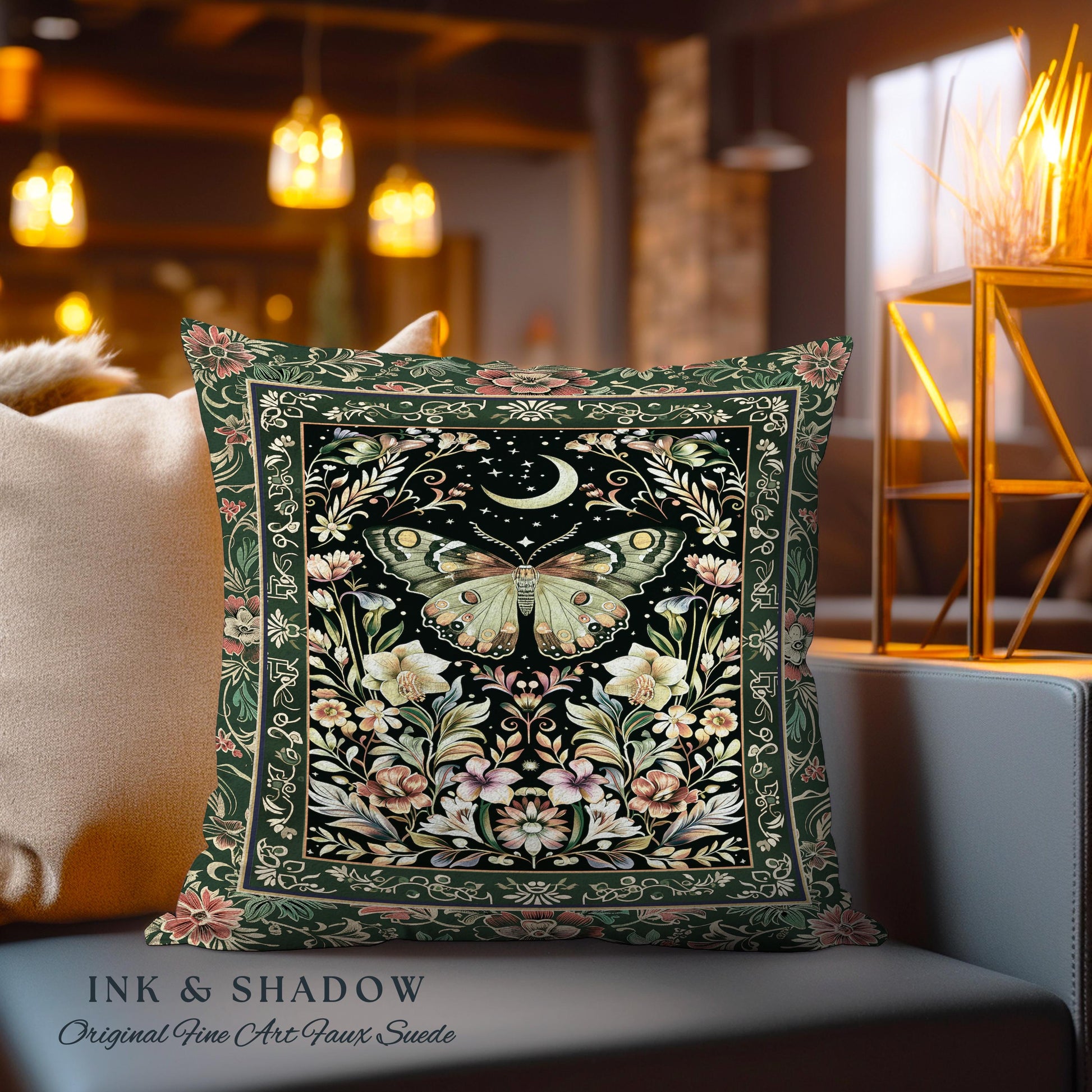 Boho Botanical Moth Woven Pillow Floral Grunge Fairycore Room Decor, Gothic Moon Moth Butterfly Forestcore Dark Cottagecore Tapestry Cushion