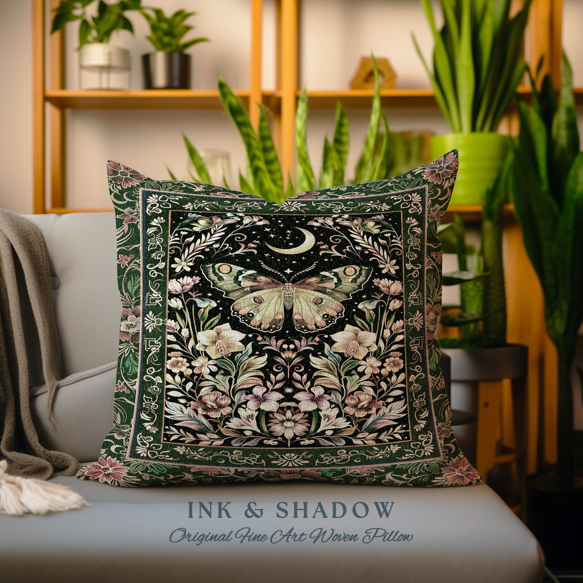 Boho Botanical Moth Woven Pillow Floral Grunge Fairycore Room Decor, Gothic Moon Moth Butterfly Forestcore Dark Cottagecore Tapestry Cushion