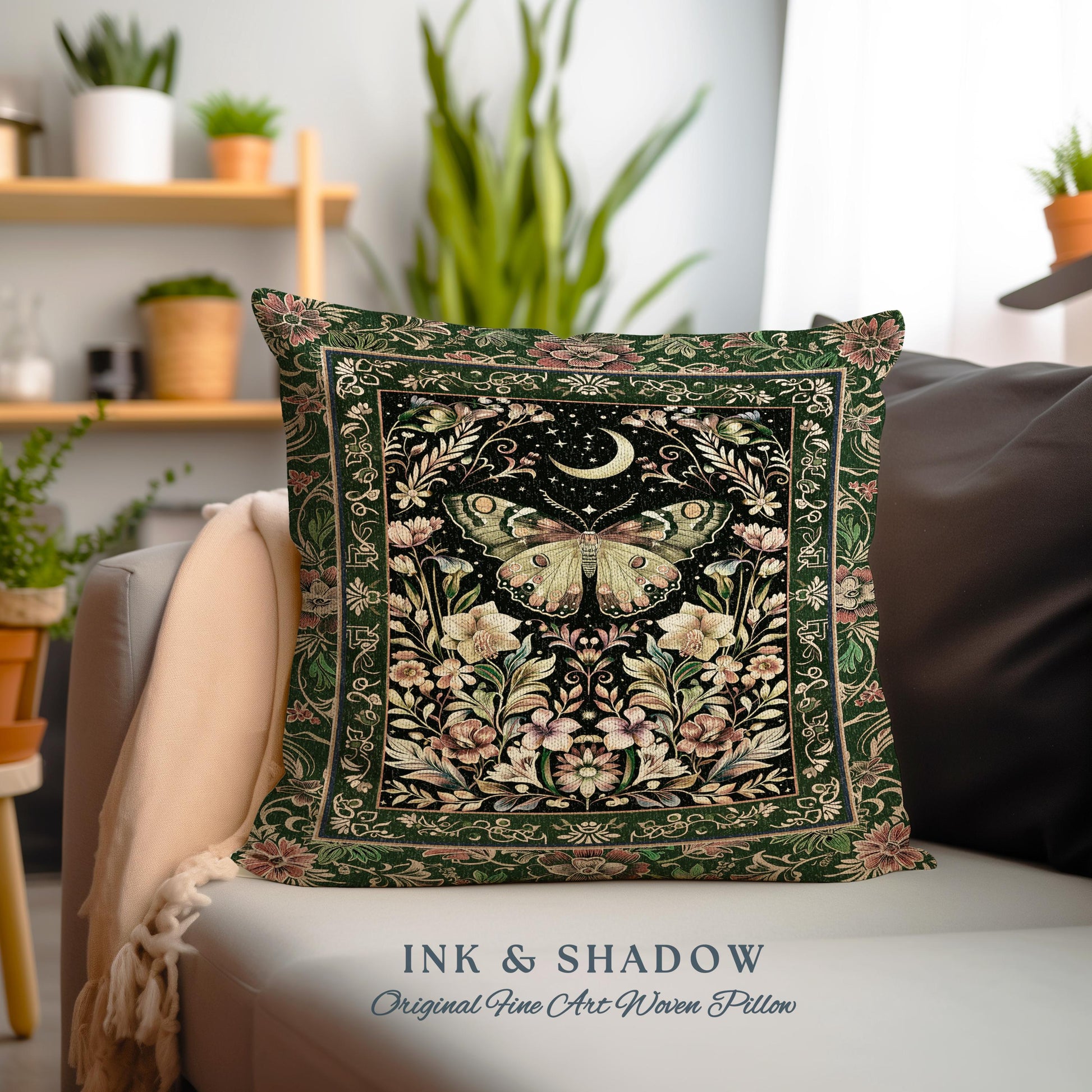 Boho Botanical Moth Woven Pillow Floral Grunge Fairycore Room Decor, Gothic Moon Moth Butterfly Forestcore Dark Cottagecore Tapestry Cushion