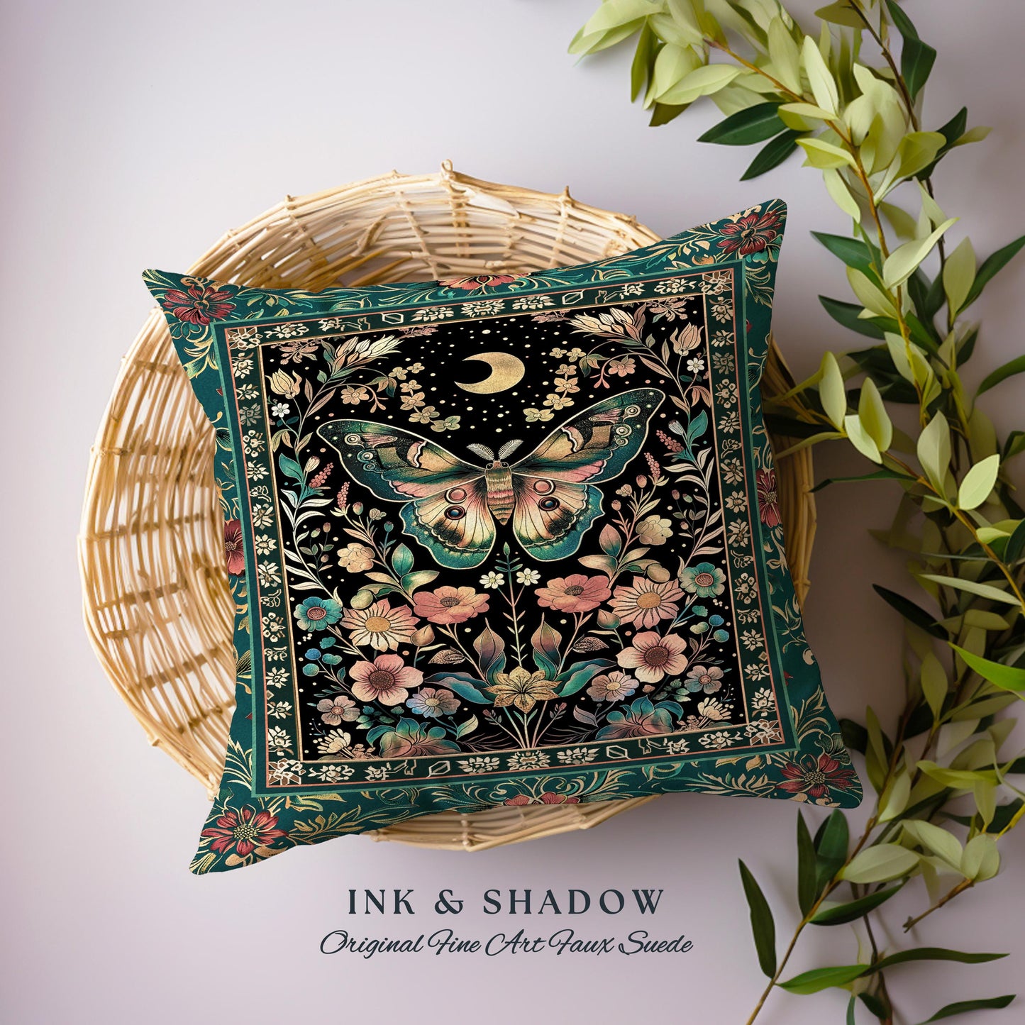 Mystic Moonlit Garden Moth Pillow Whimigothic Fairycore Decor, Dark Floral Witchy Moth Tapestry Cushion Whimsical Butterfly Cottagecore Gift