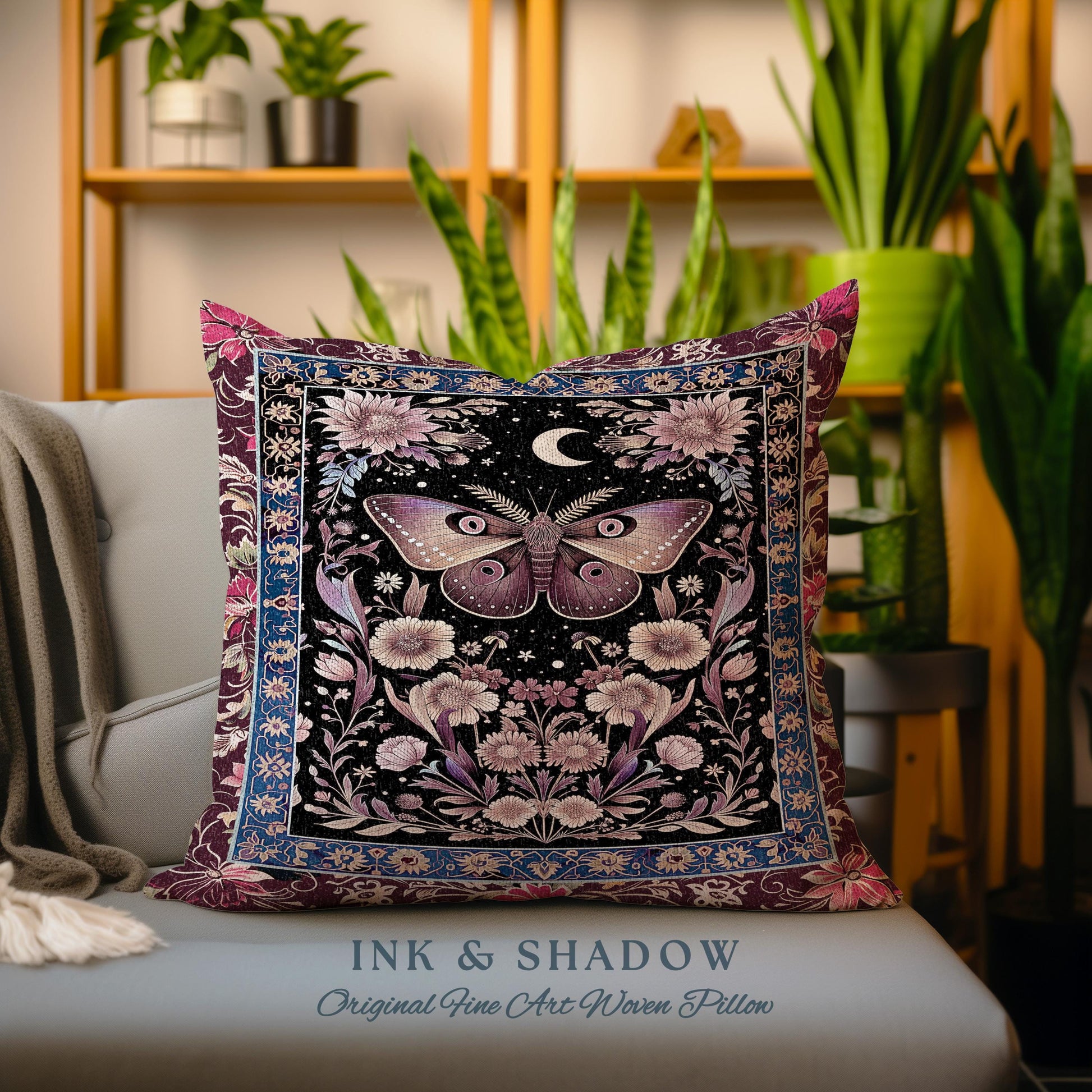 Mystic Moth Moon Woven Pillow Whimsigothic Purple Dark Cottgecore Decor | Whimsical Boho Butterfly Dark Floral Fairycore Tapestry Cushion