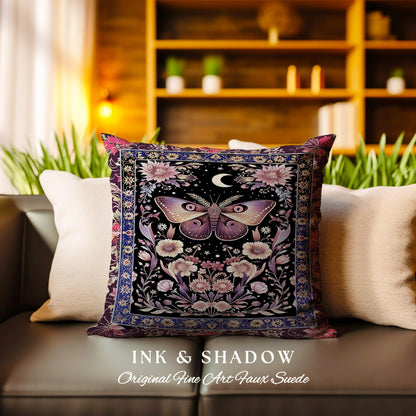 Mystic Moth Moon Woven Pillow Whimsigothic Purple Dark Cottgecore Decor | Whimsical Boho Butterfly Dark Floral Fairycore Tapestry Cushion