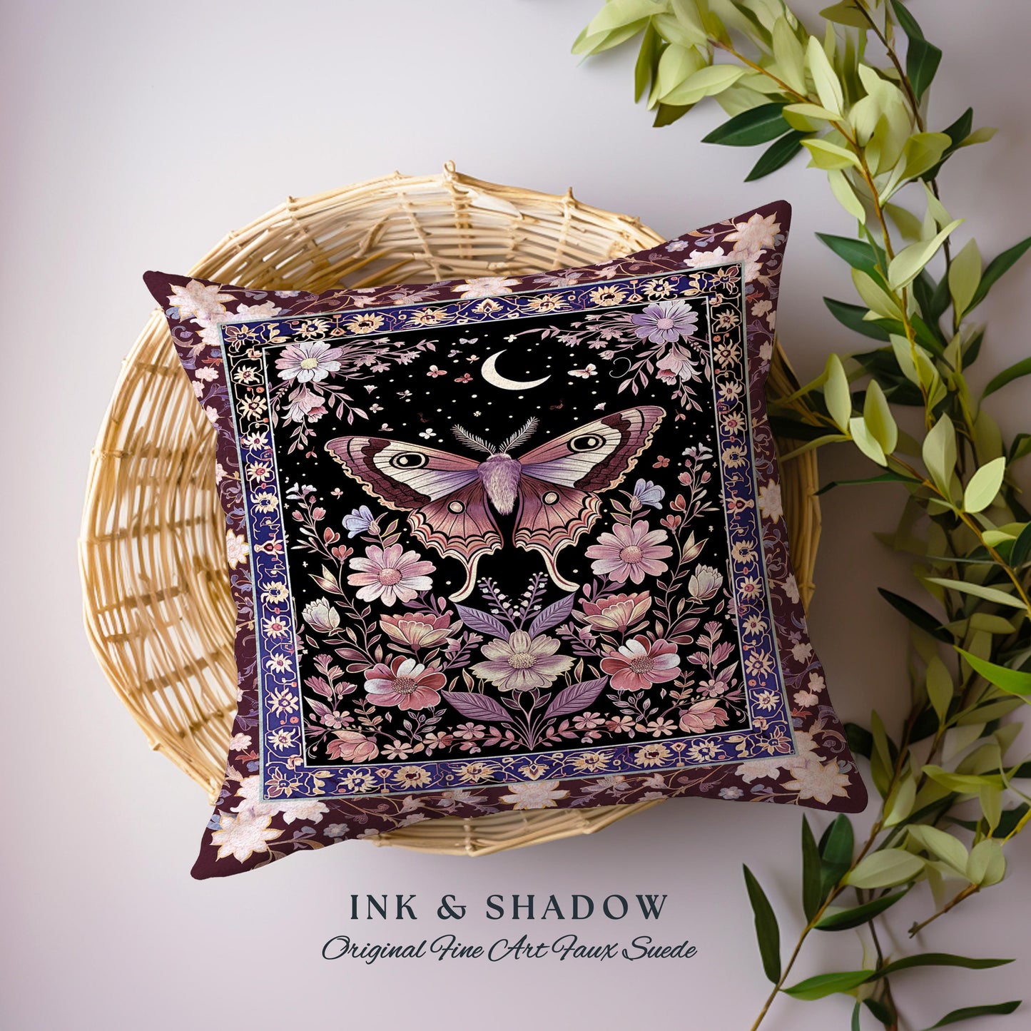 Purple Moth Celestial Pillow Boho Fairycore Dark Floral Decor, Enchanted Goth Cottagecore Butterfly Lovers Moon Tapestry Cushion Whimsical