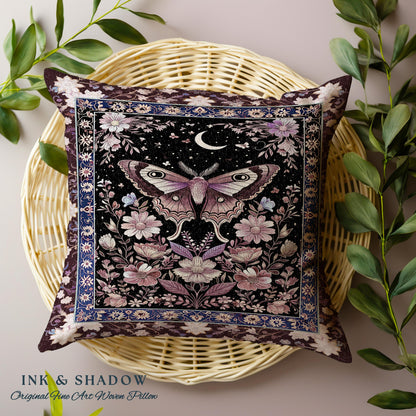 Purple Moth Celestial Pillow Boho Fairycore Dark Floral Decor, Enchanted Goth Cottagecore Butterfly Lovers Moon Tapestry Cushion Whimsical