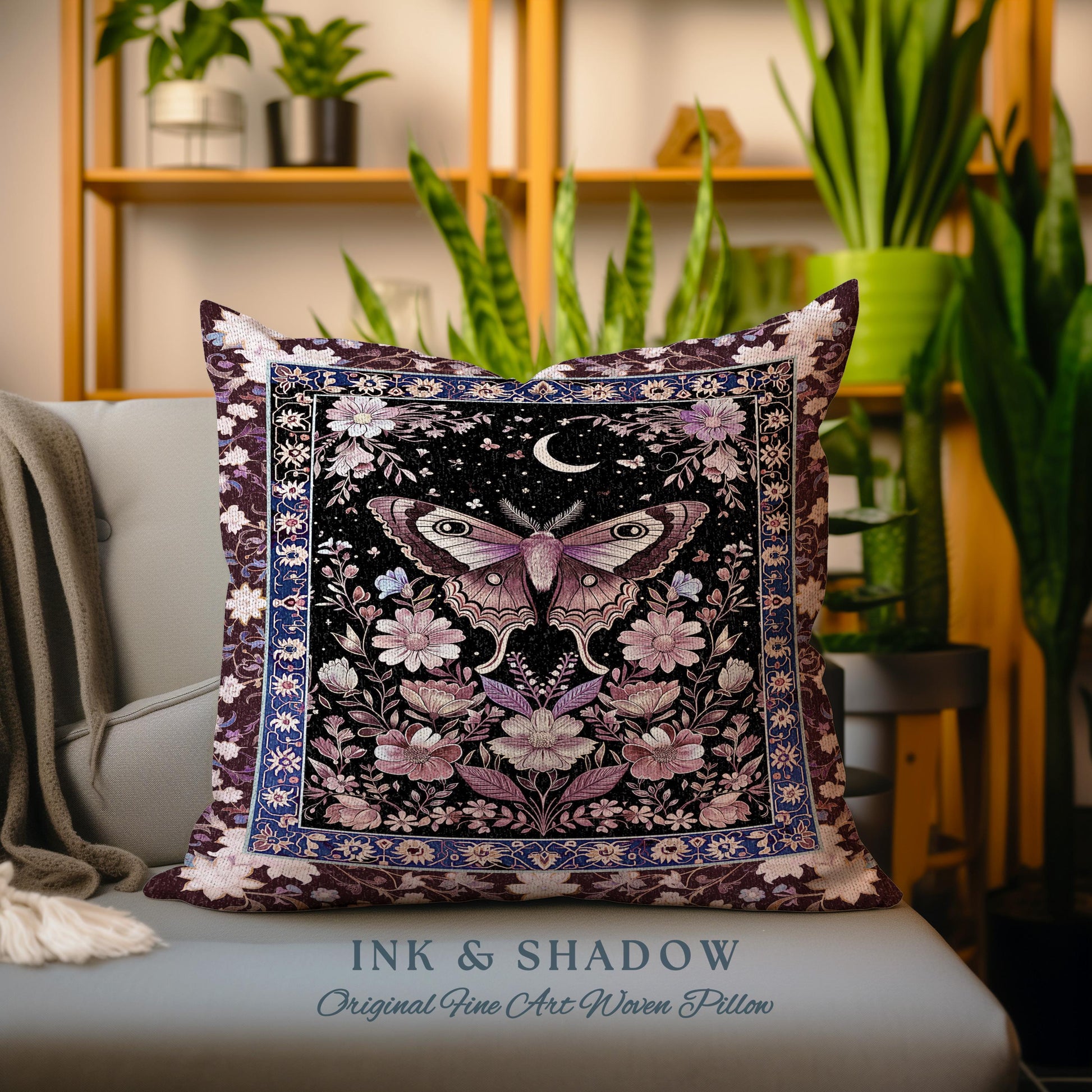 Purple Moth Celestial Pillow Boho Fairycore Dark Floral Decor, Enchanted Goth Cottagecore Butterfly Lovers Moon Tapestry Cushion Whimsical