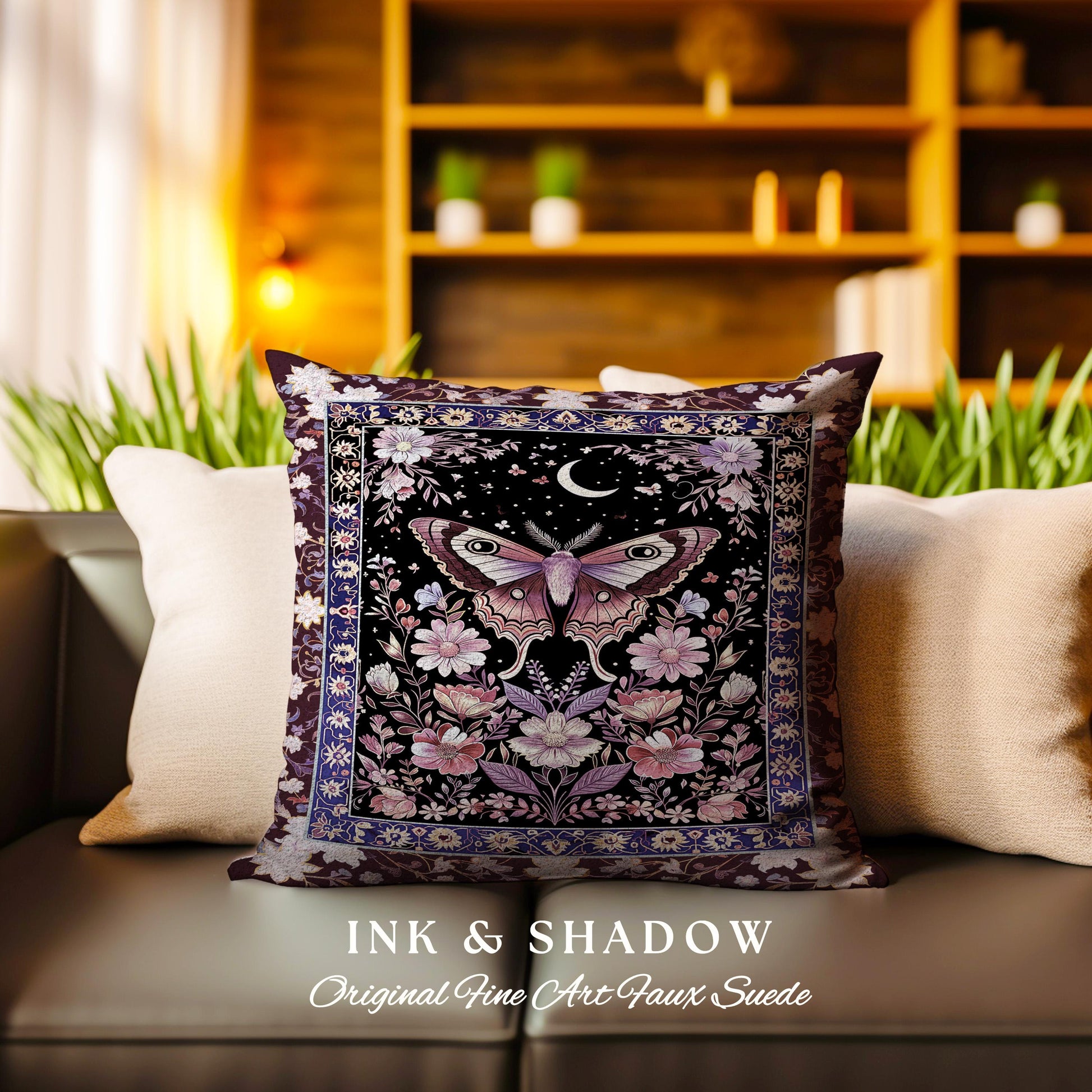 Purple Moth Celestial Pillow Boho Fairycore Dark Floral Decor, Enchanted Goth Cottagecore Butterfly Lovers Moon Tapestry Cushion Whimsical