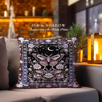 Purple Moth Celestial Pillow Boho Fairycore Dark Floral Decor, Enchanted Goth Cottagecore Butterfly Lovers Moon Tapestry Cushion Whimsical