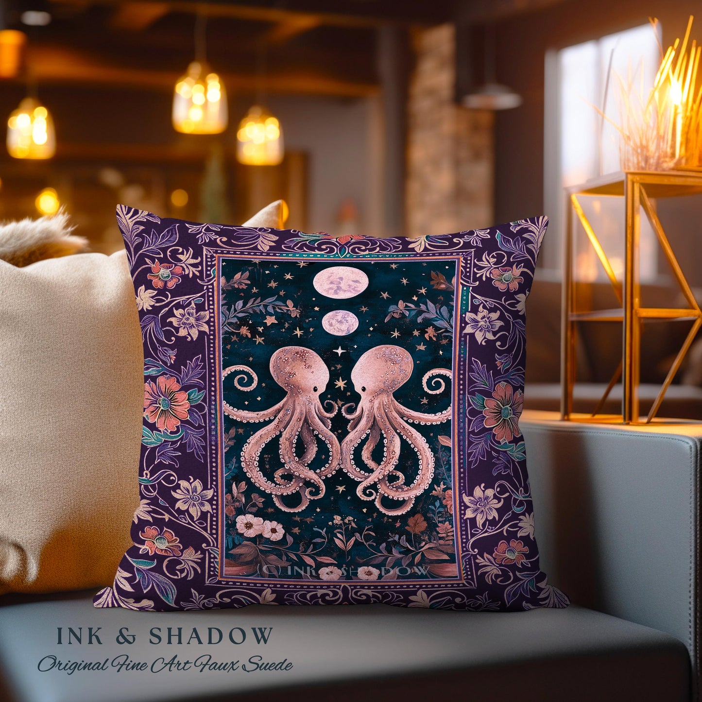 Lunar Magic Whimsical Octopus Pillow | Midnight Purple Dark Academia Nautical Celestial Goblincore Oceanic Mystery Victorian Woven Cushion |