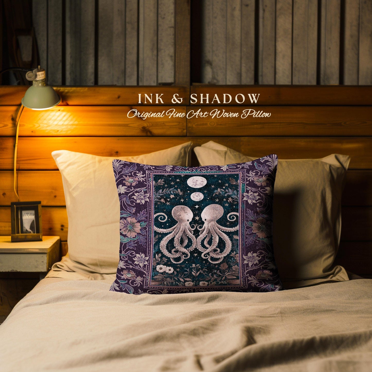 Lunar Magic Whimsical Octopus Pillow | Midnight Purple Dark Academia Nautical Celestial Goblincore Oceanic Mystery Victorian Woven Cushion |