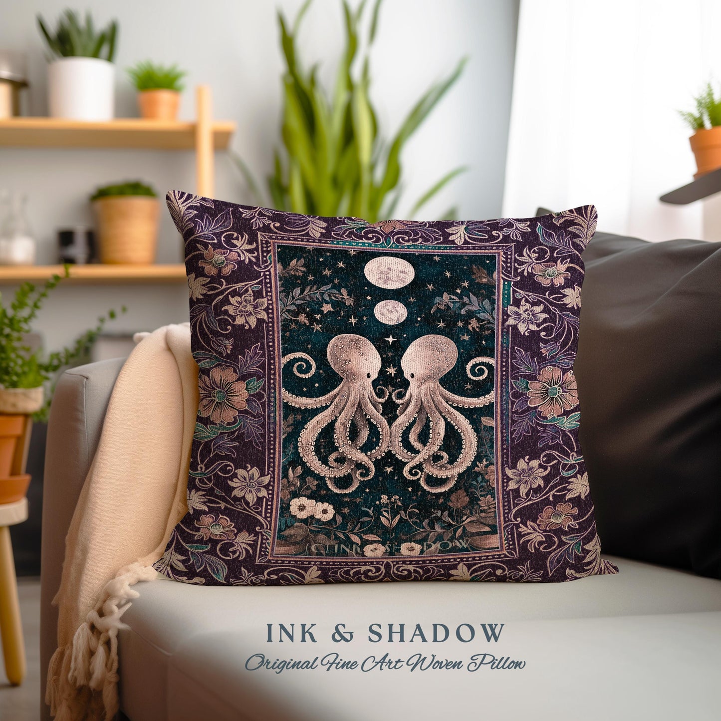 Lunar Magic Whimsical Octopus Pillow | Midnight Purple Dark Academia Nautical Celestial Goblincore Oceanic Mystery Victorian Woven Cushion |