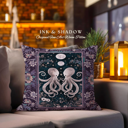 Lunar Magic Whimsical Octopus Pillow | Midnight Purple Dark Academia Nautical Celestial Goblincore Oceanic Mystery Victorian Woven Cushion |