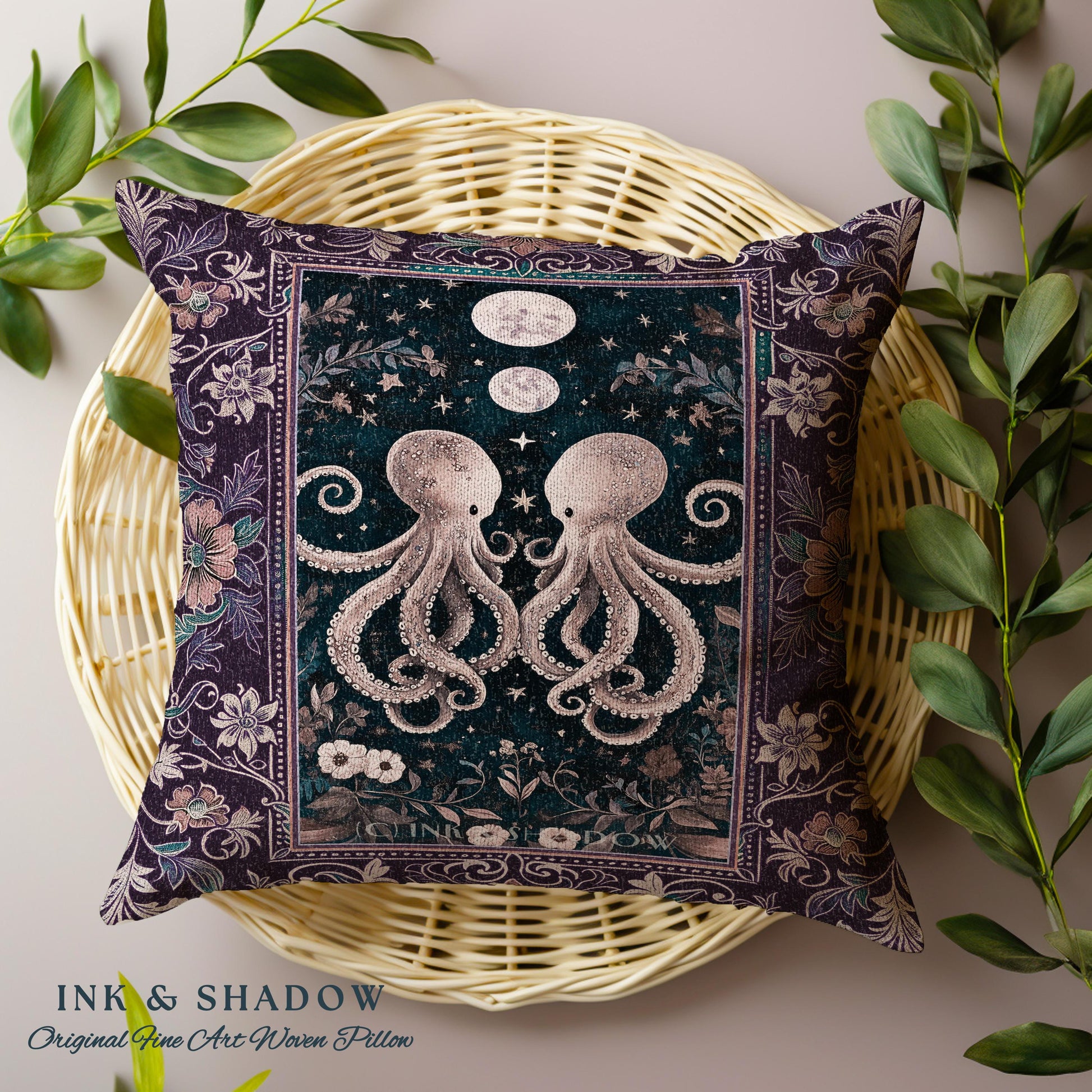 Lunar Magic Whimsical Octopus Pillow | Midnight Purple Dark Academia Nautical Celestial Goblincore Oceanic Mystery Victorian Woven Cushion |