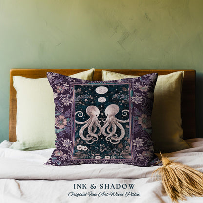 Lunar Magic Whimsical Octopus Pillow | Midnight Purple Dark Academia Nautical Celestial Goblincore Oceanic Mystery Victorian Woven Cushion |