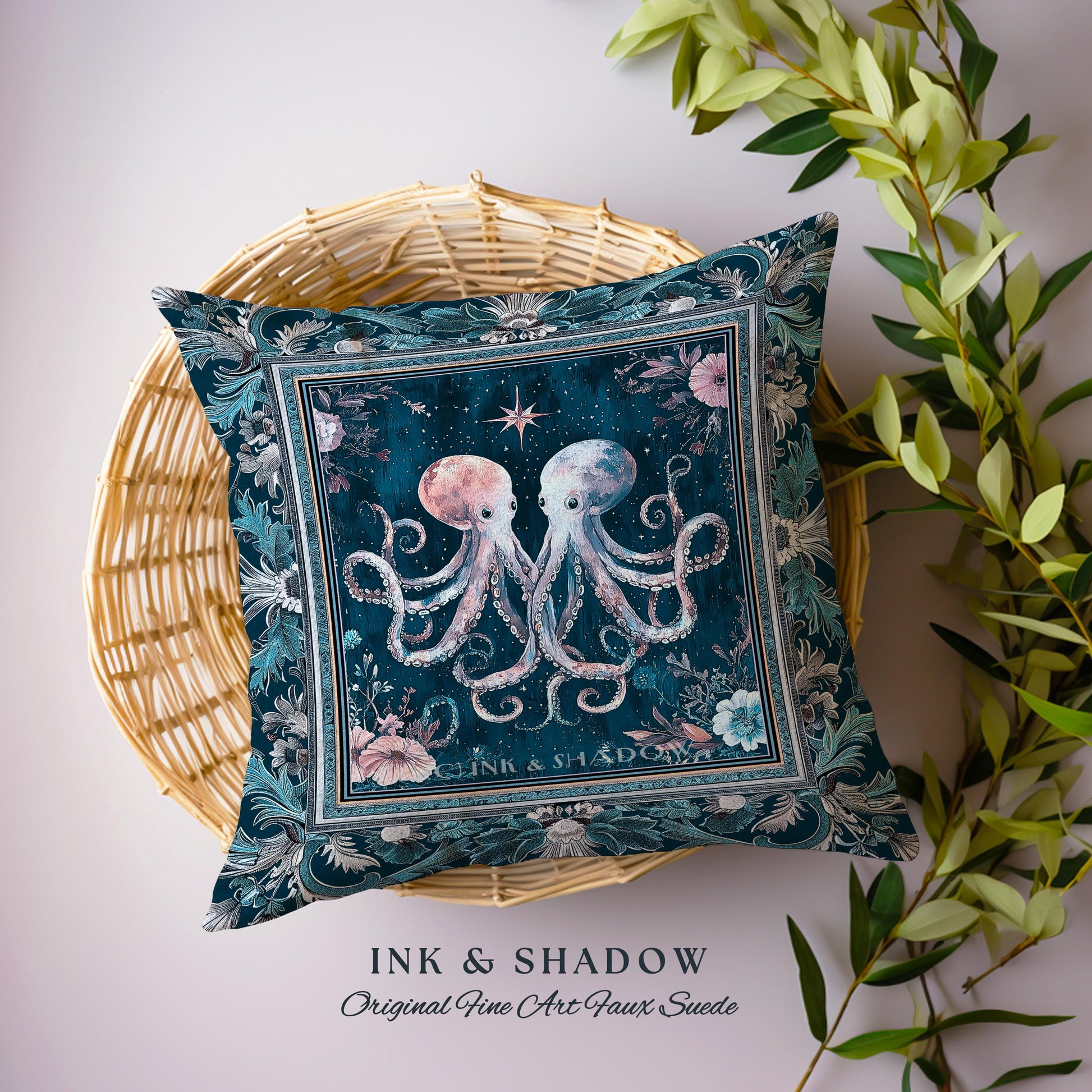 Ocean Blue Octopus Woven Pillow | Rustic Nautical Sea Life Tapestry Cushion Floral Victorian Gothic Aesthetic Costal Crustaceancore Art |