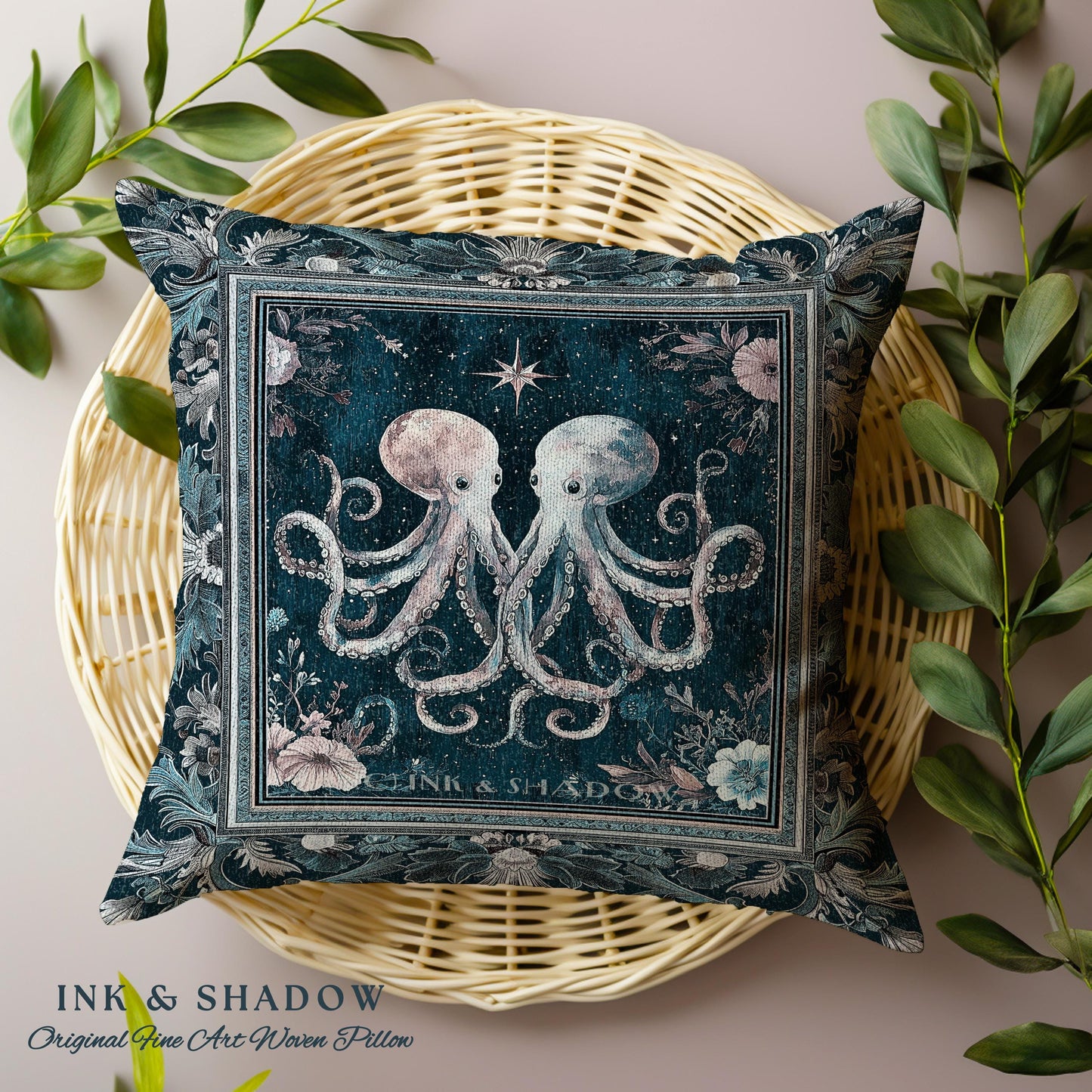 Ocean Blue Octopus Woven Pillow | Rustic Nautical Sea Life Tapestry Cushion Floral Victorian Gothic Aesthetic Costal Crustaceancore Art |