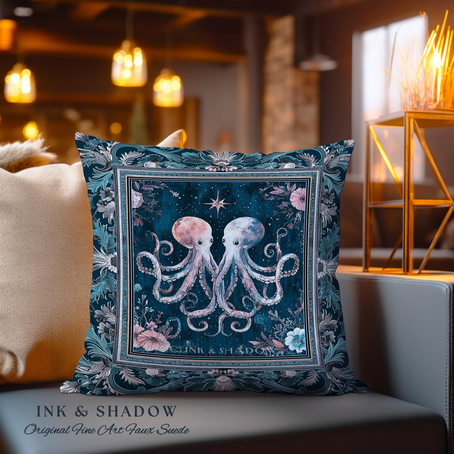 Ocean Blue Octopus Woven Pillow | Rustic Nautical Sea Life Tapestry Cushion Floral Victorian Gothic Aesthetic Costal Crustaceancore Art |