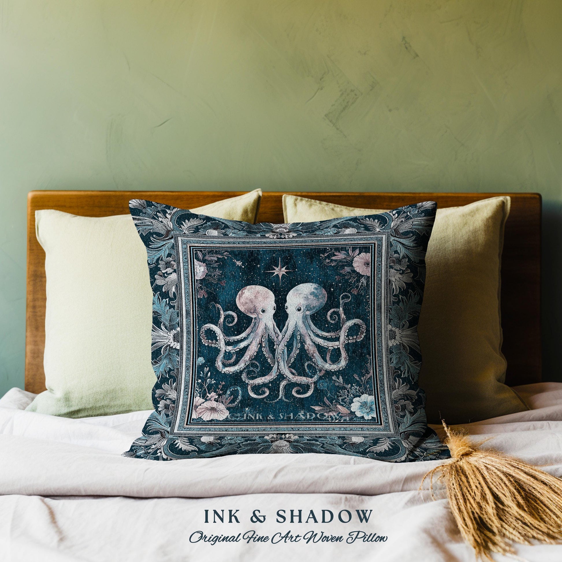 Ocean Blue Octopus Woven Pillow | Rustic Nautical Sea Life Tapestry Cushion Floral Victorian Gothic Aesthetic Costal Crustaceancore Art |