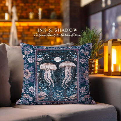 Victorian Gothic Jellyfish Underwater Sea Scene Pillow Celestial Costal Cottagecore Enchanted Whimsigothic Purple Floral Woven Cushion |