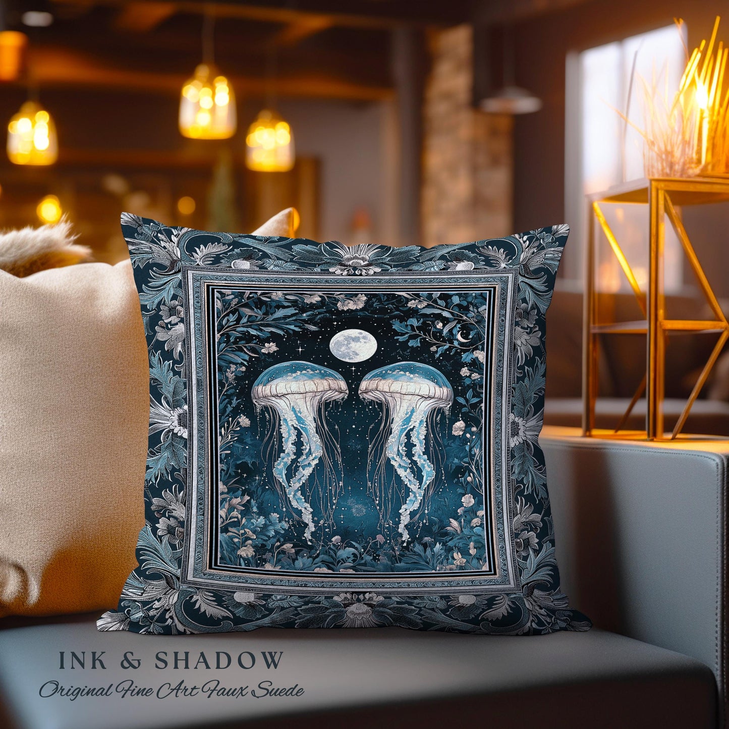 Lunar Ocean Jellyfish Tapestry Pillow Deep Blue Ethereal Coastal Decor, Enchanted Art Nouveau Cottagecore Marine Scene Nautical Cushion |