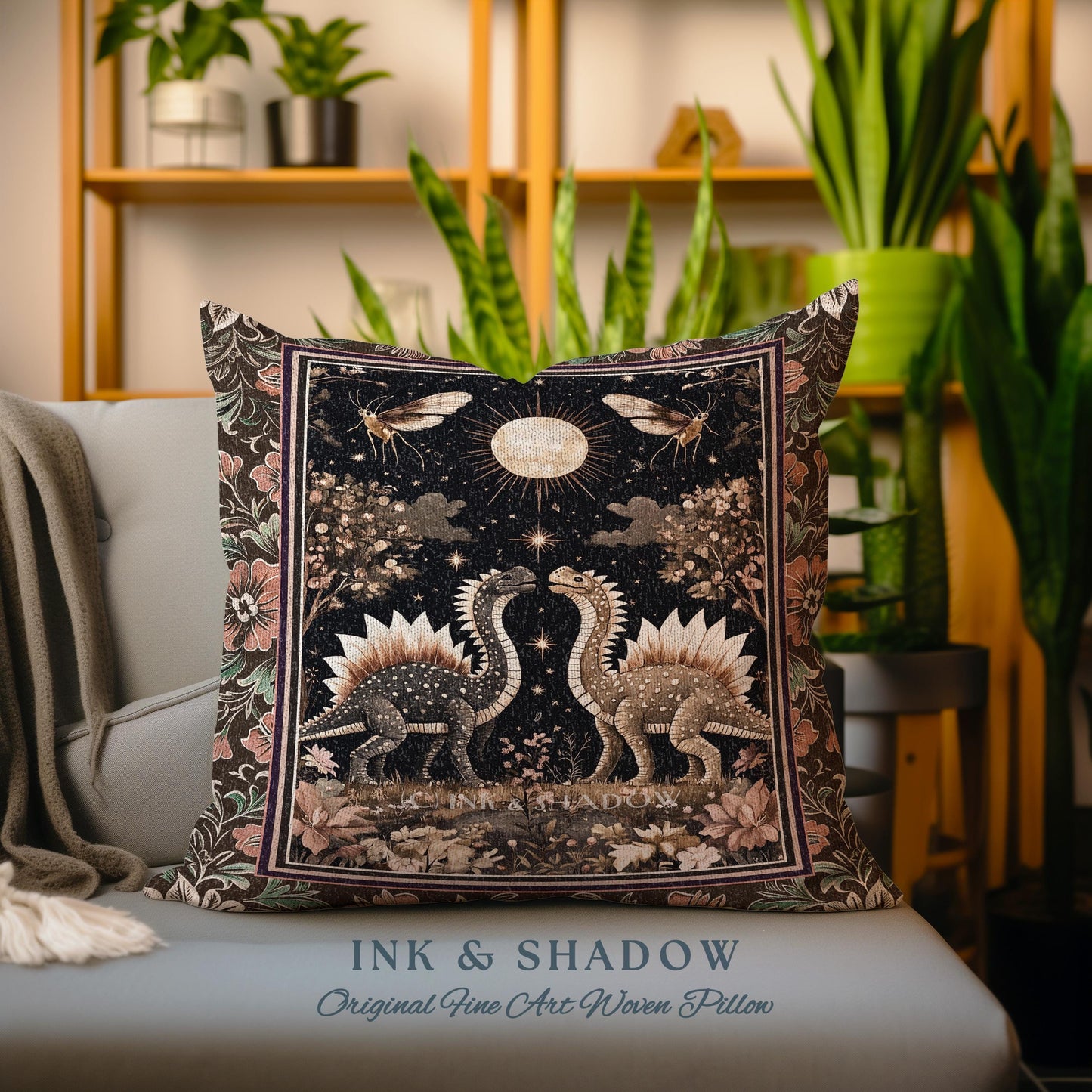 Rustic Elegance Dinosaur Decor Woodland Gothic Celestial Stegosaurus Pillow Antique Baroque Aesthetic Enchanted Forestcore Art Home Accent