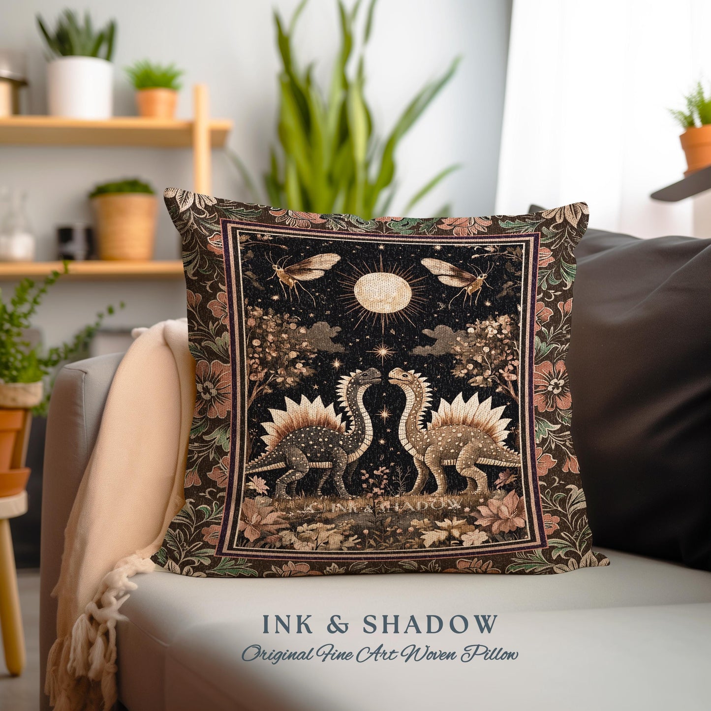 Rustic Elegance Dinosaur Decor Woodland Gothic Celestial Stegosaurus Pillow Antique Baroque Aesthetic Enchanted Forestcore Art Home Accent