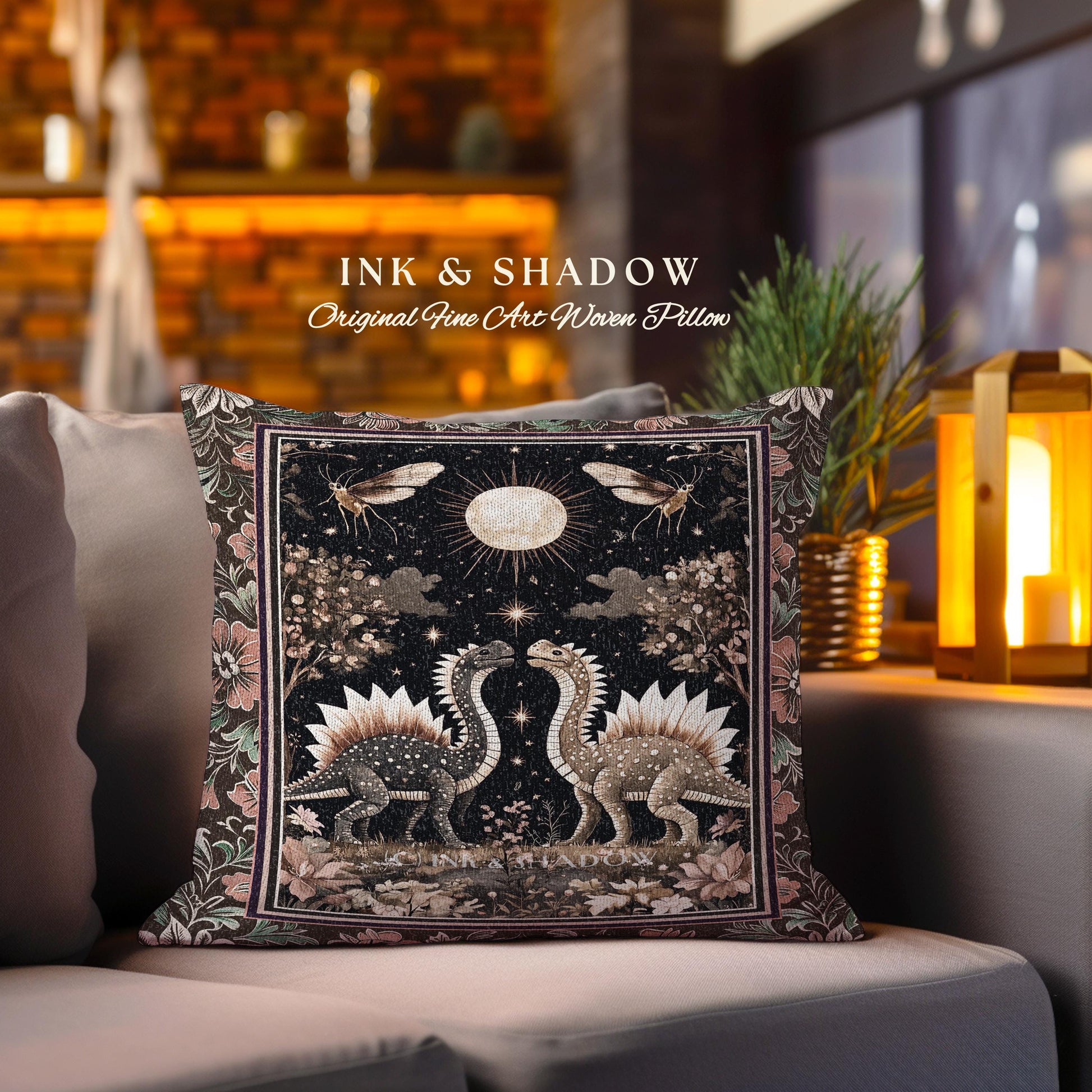 Rustic Elegance Dinosaur Decor Woodland Gothic Celestial Stegosaurus Pillow Antique Baroque Aesthetic Enchanted Forestcore Art Home Accent