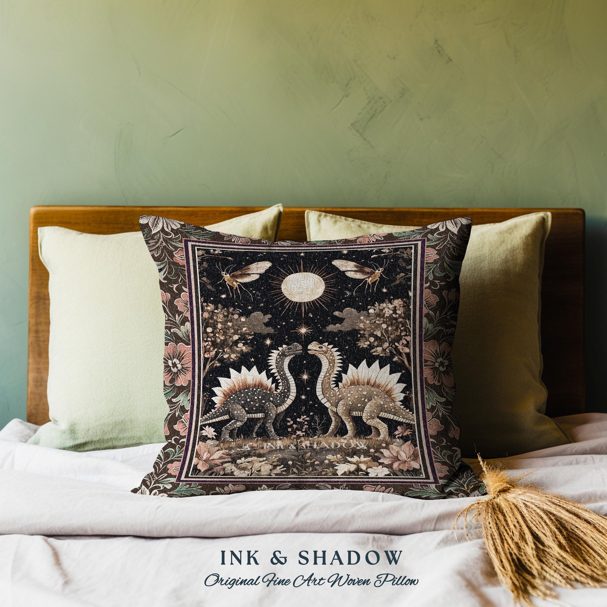 Rustic Elegance Dinosaur Decor Woodland Gothic Celestial Stegosaurus Pillow Antique Baroque Aesthetic Enchanted Forestcore Art Home Accent