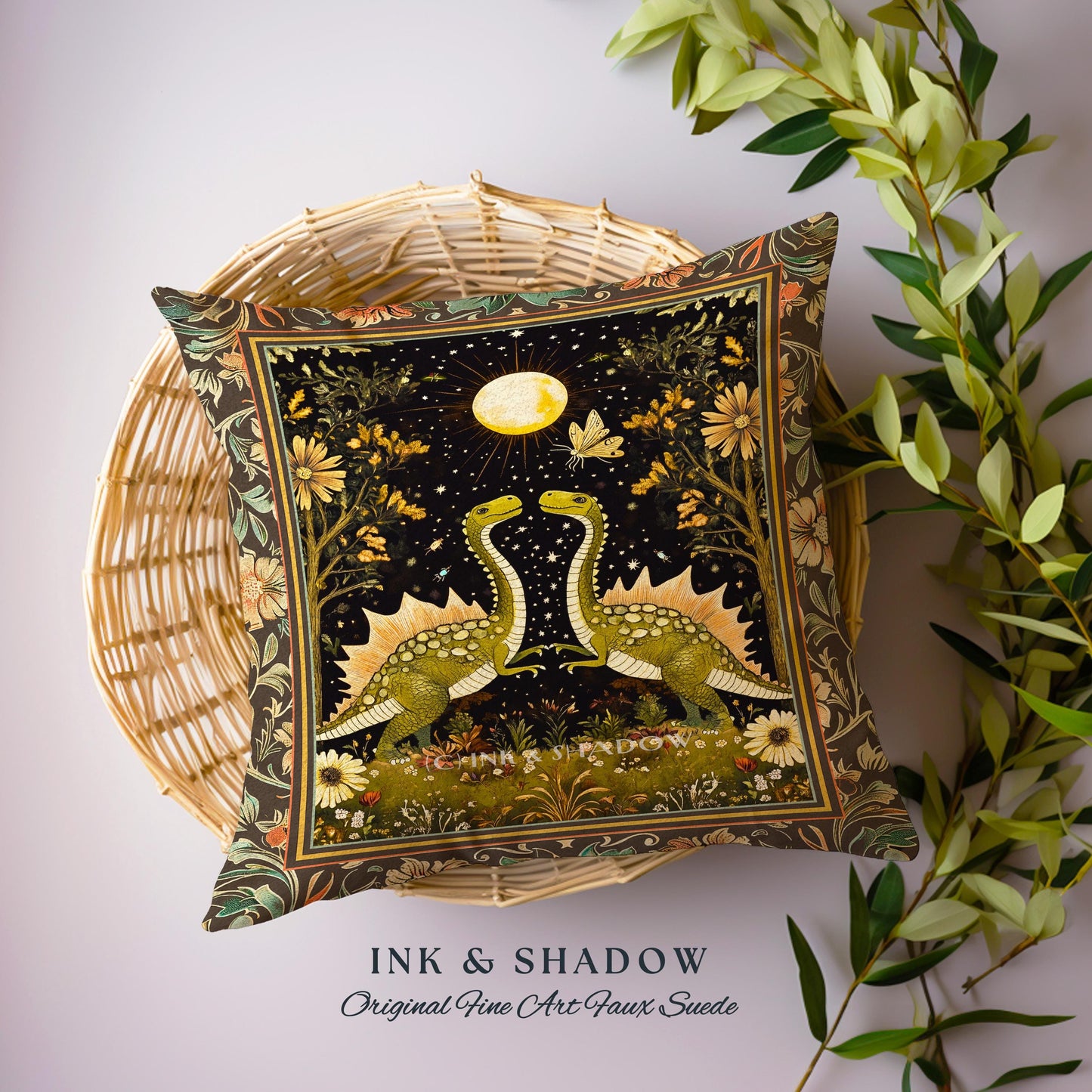 Vintage Woodland Gothic Dinosaur Pillow Rustic Olive Green Farmhouse Celestial Cottagecore Accent Retro Goblincore Stegosaurus Dino Cushion