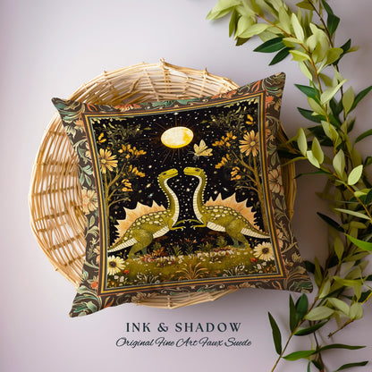 Vintage Woodland Gothic Dinosaur Pillow Rustic Olive Green Farmhouse Celestial Cottagecore Accent Retro Goblincore Stegosaurus Dino Cushion