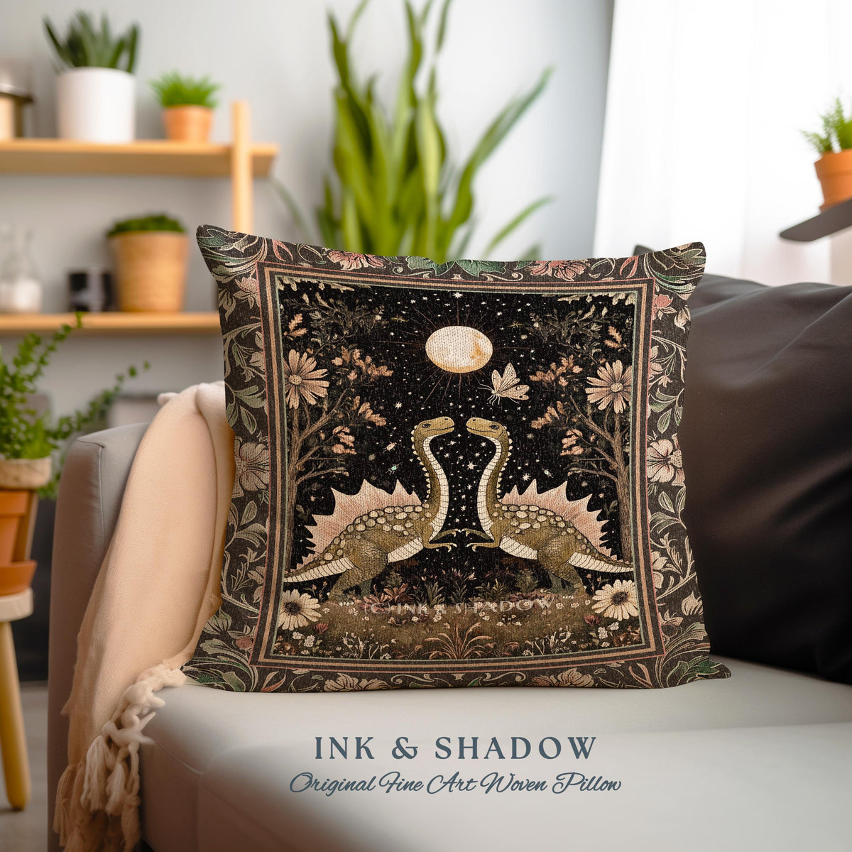 Vintage Woodland Gothic Dinosaur Pillow Rustic Olive Green Farmhouse Celestial Cottagecore Accent Retro Goblincore Stegosaurus Dino Cushion