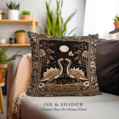 Vintage Woodland Gothic Dinosaur Pillow Rustic Olive Green Farmhouse Celestial Cottagecore Accent Retro Goblincore Stegosaurus Dino Cushion