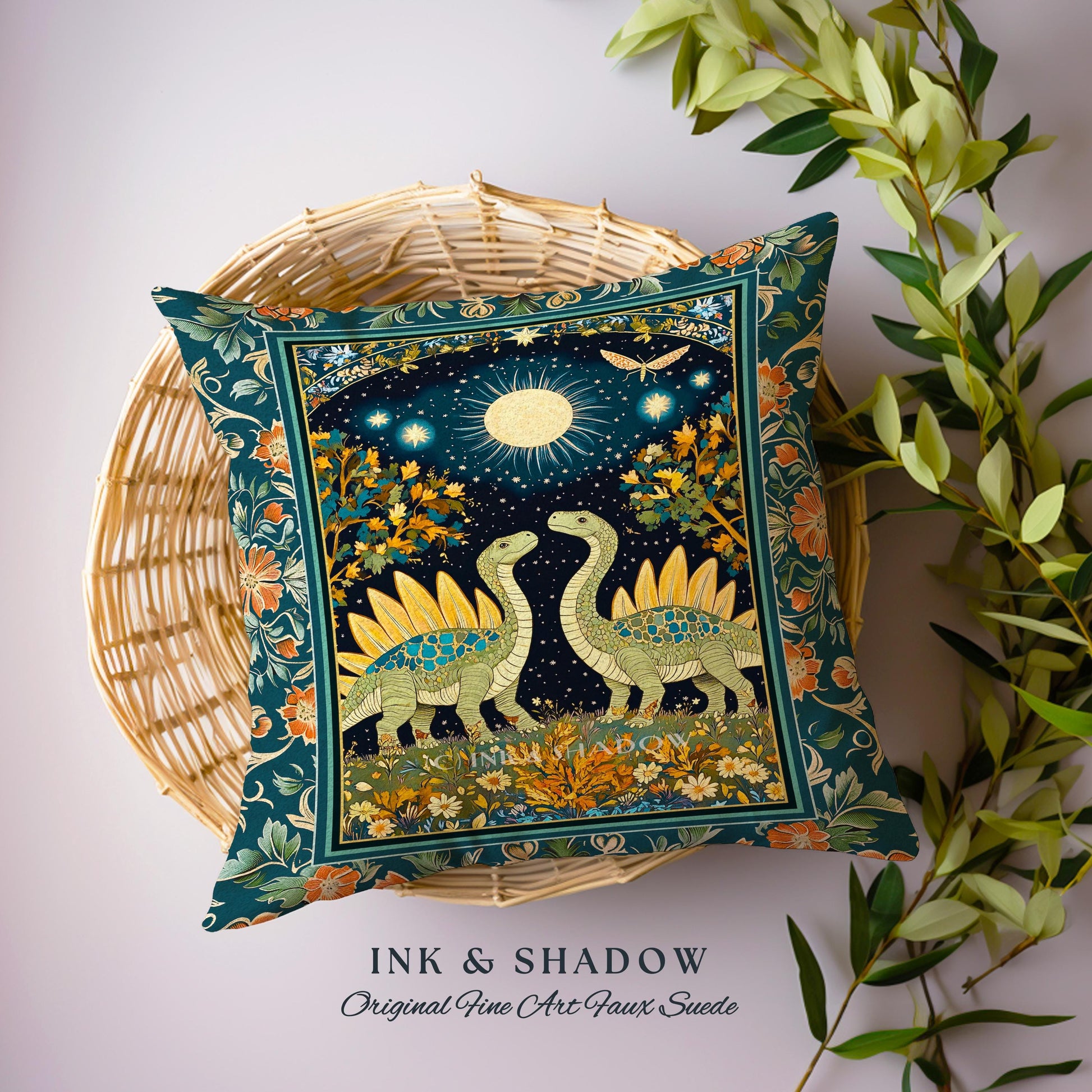 Whimsical Forestcore Mystical Dinosaur Pillow Starry Night Enchanted Woodland Decor | Magic Celestial Cottagecore Stegosaurus Home Accent