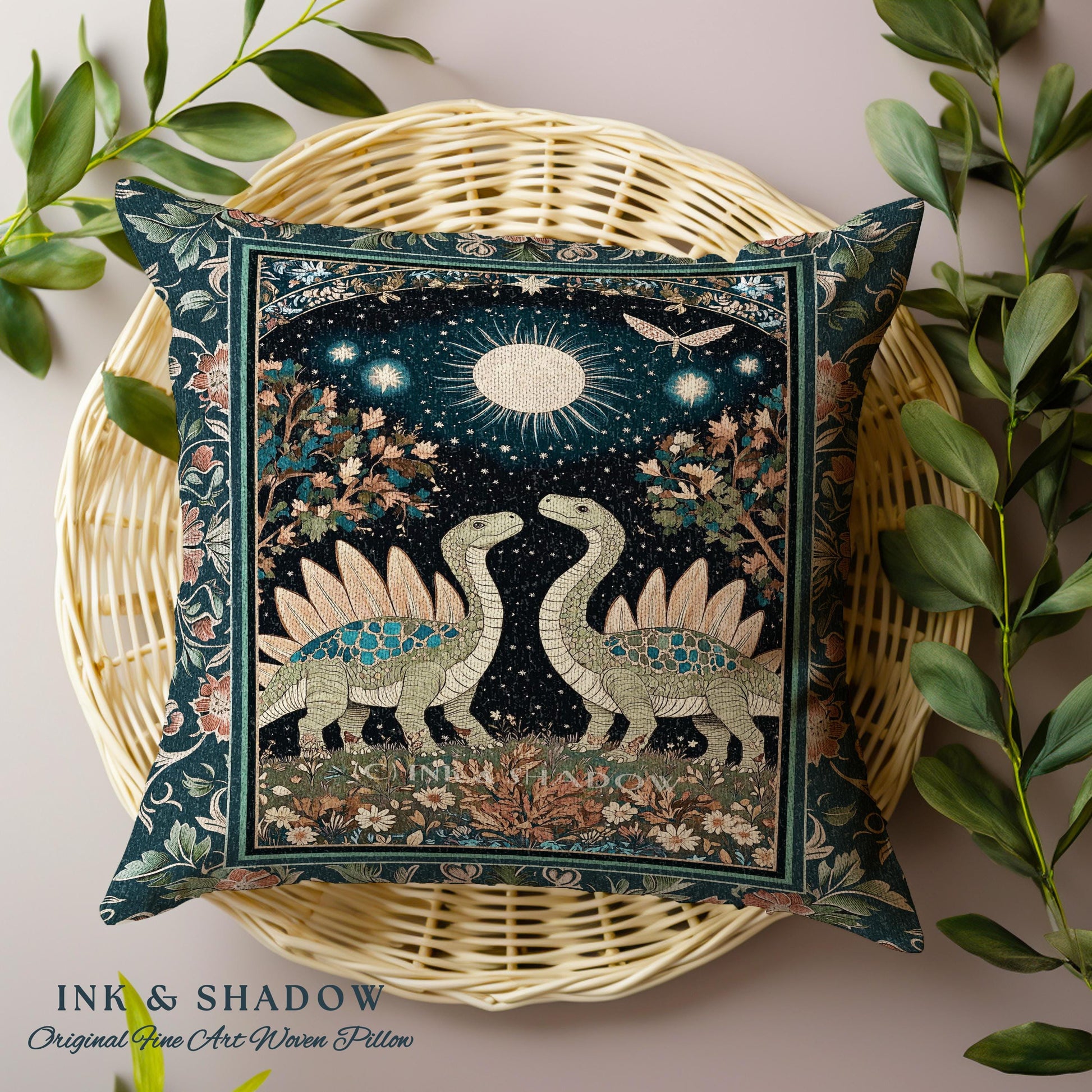 Whimsical Forestcore Mystical Dinosaur Pillow Starry Night Enchanted Woodland Decor | Magic Celestial Cottagecore Stegosaurus Home Accent