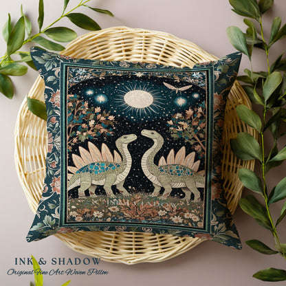 Whimsical Forestcore Mystical Dinosaur Pillow Starry Night Enchanted Woodland Decor | Magic Celestial Cottagecore Stegosaurus Home Accent