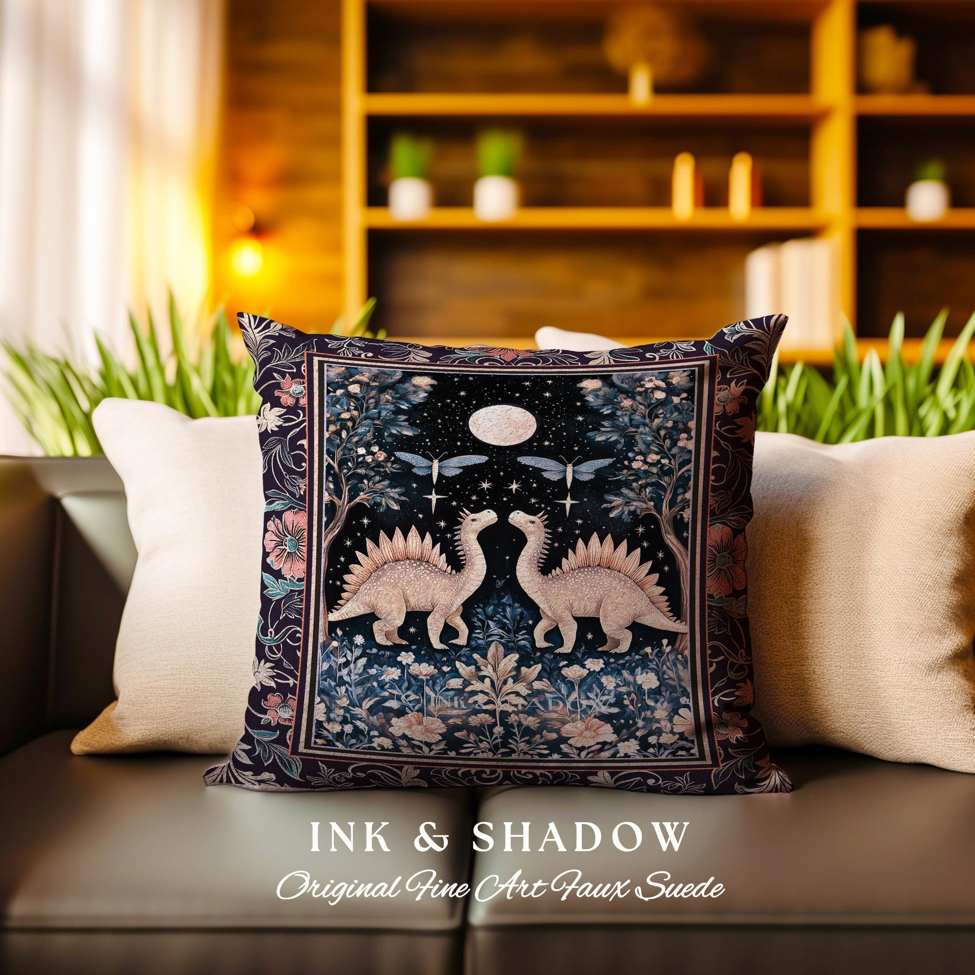 Cute Dino Whimsical Moonlit Pillow | Moth Night Sky Ethereal Woodland Dinosaur Woven Cushion Ornate Medieval Floral Vintage Dark Maximalist