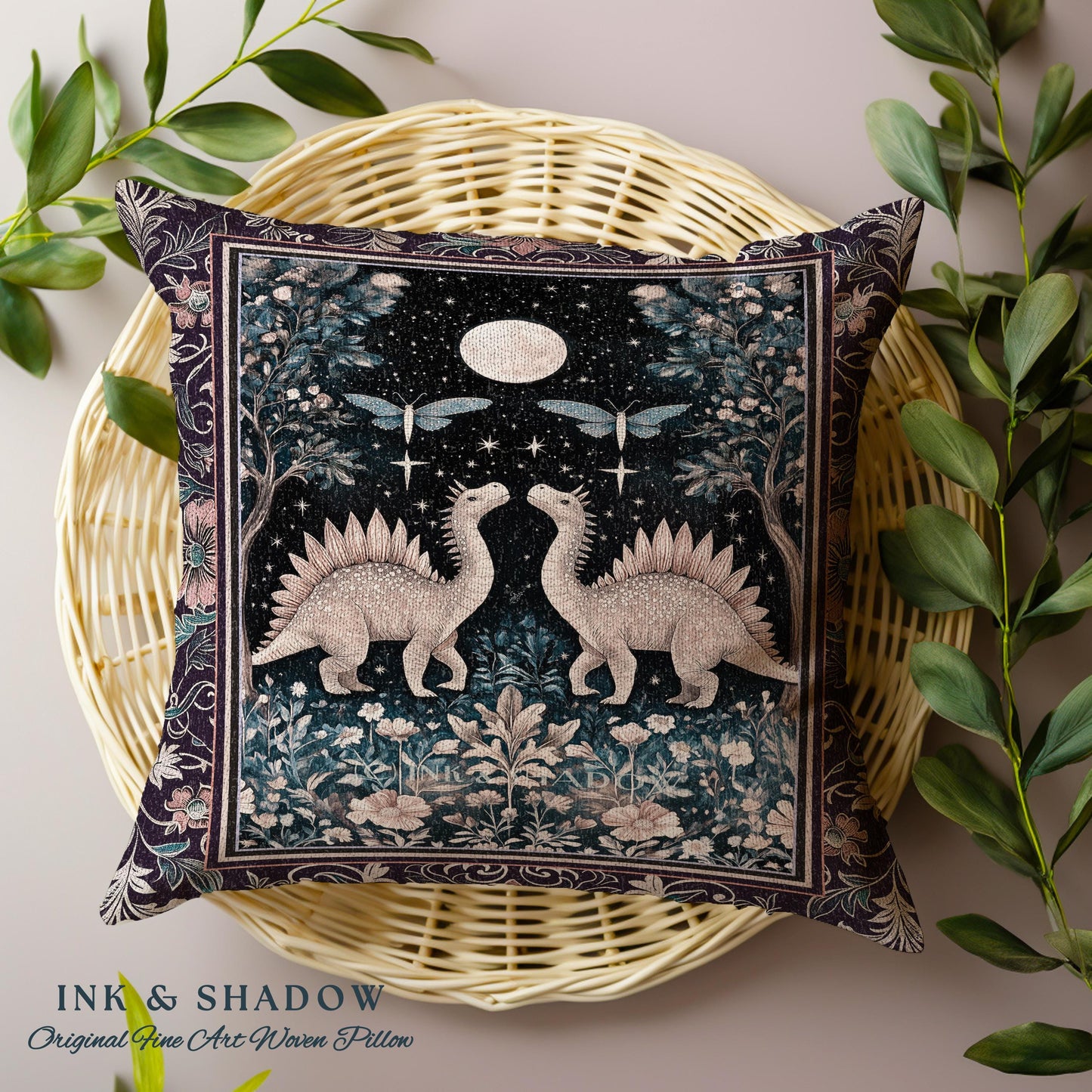 Cute Dino Whimsical Moonlit Pillow | Moth Night Sky Ethereal Woodland Dinosaur Woven Cushion Ornate Medieval Floral Vintage Dark Maximalist