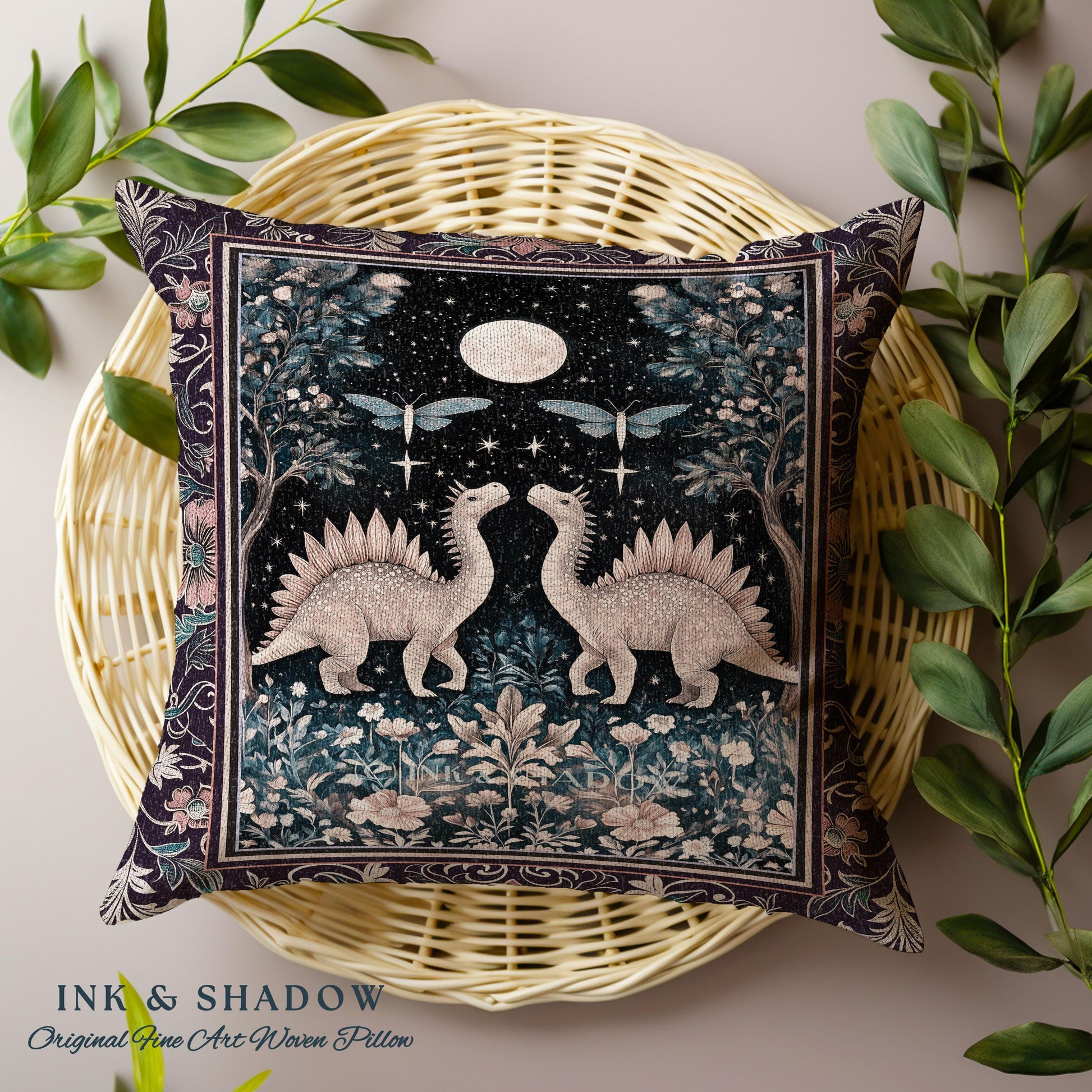 Cute Dino Whimsical Moonlit Pillow | Moth Night Sky Ethereal Woodland Dinosaur Woven Cushion Ornate Medieval Floral Vintage Dark Maximalist