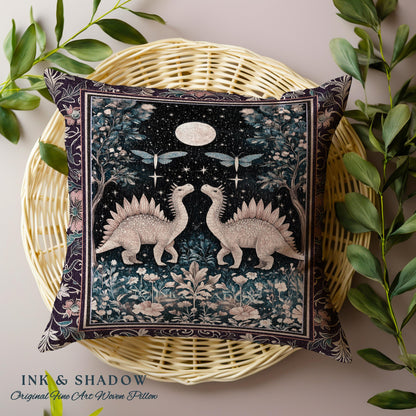 Cute Dino Whimsical Moonlit Pillow | Moth Night Sky Ethereal Woodland Dinosaur Woven Cushion Ornate Medieval Floral Vintage Dark Maximalist