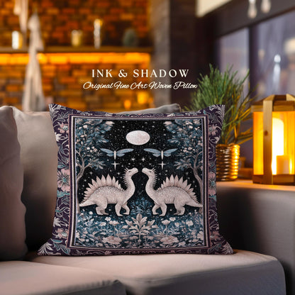 Cute Dino Whimsical Moonlit Pillow | Moth Night Sky Ethereal Woodland Dinosaur Woven Cushion Ornate Medieval Floral Vintage Dark Maximalist