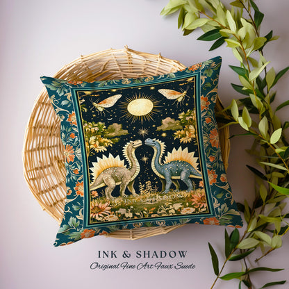 Ethereal Dino Lovers Woven Pillow | Whimsical Dinosaur Nursery Cushion Moth Ornate Medieval Jurassic Floral Vintage Dark Maximalist Art TRex